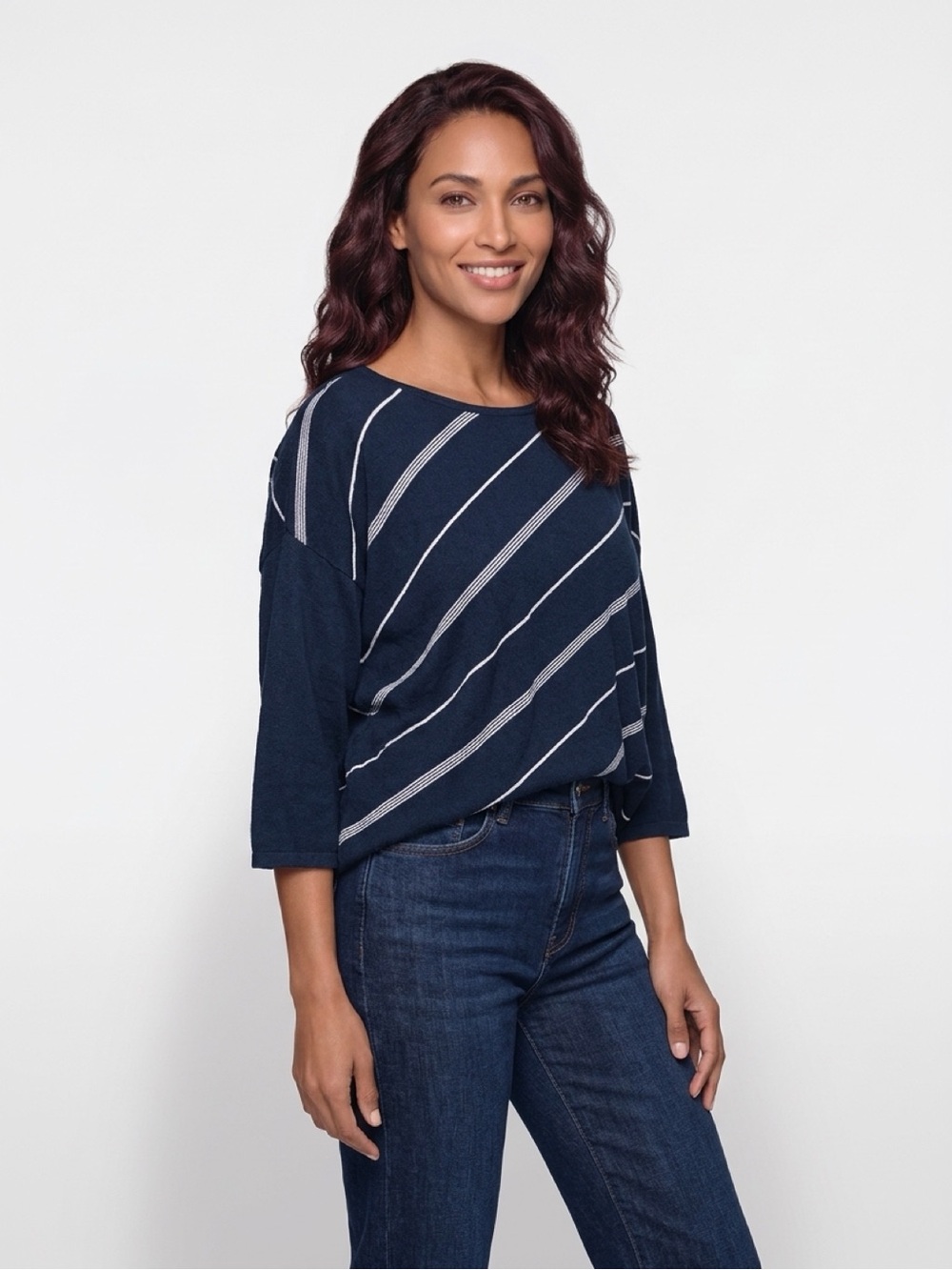 J. Jill Navy and White Diagonal Stripe Boatneck Top